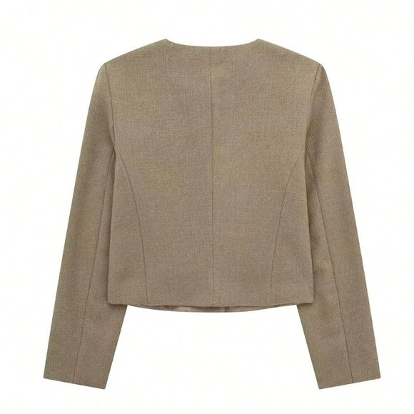 Khaki Casual Women's Tweed Jacket Round Neckline Decorated Long Sleeves Coat - Picture 8 of 8